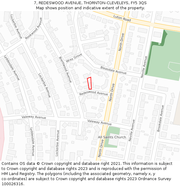 7, REDESWOOD AVENUE, THORNTON-CLEVELEYS, FY5 3QS: Location map and indicative extent of plot