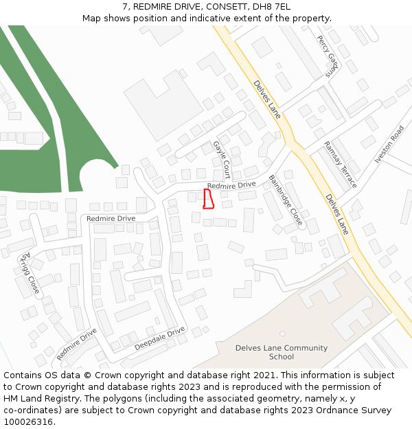 7, REDMIRE DRIVE, CONSETT, DH8 7EL: Location map and indicative extent of plot