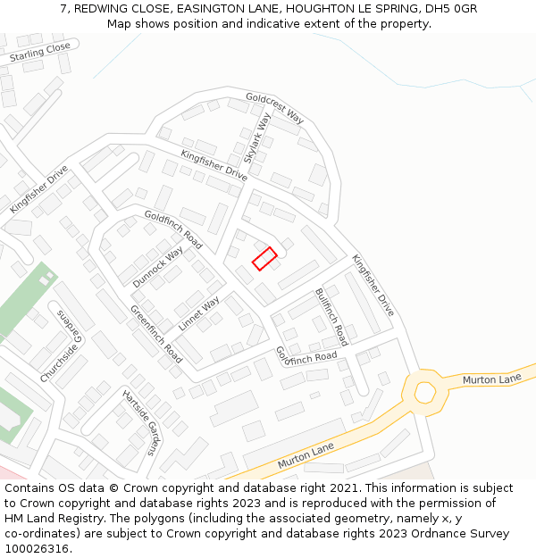 7, REDWING CLOSE, EASINGTON LANE, HOUGHTON LE SPRING, DH5 0GR: Location map and indicative extent of plot