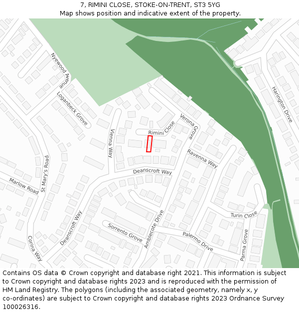 7, RIMINI CLOSE, STOKE-ON-TRENT, ST3 5YG: Location map and indicative extent of plot