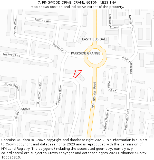 7, RINGWOOD DRIVE, CRAMLINGTON, NE23 1NA: Location map and indicative extent of plot