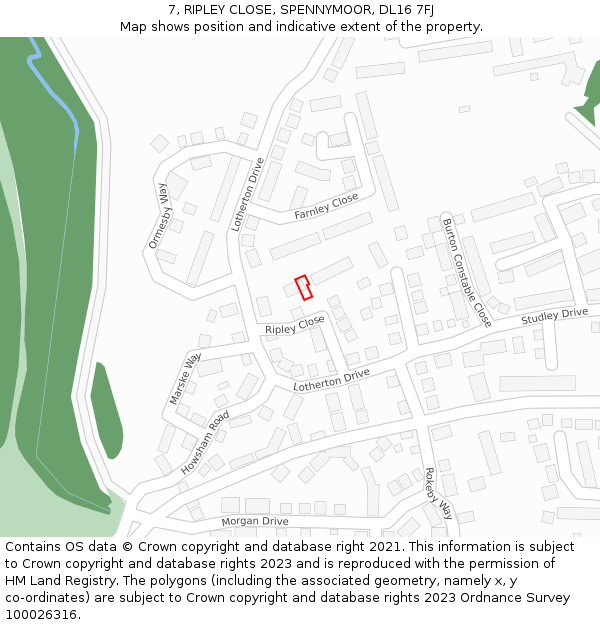 7, RIPLEY CLOSE, SPENNYMOOR, DL16 7FJ: Location map and indicative extent of plot