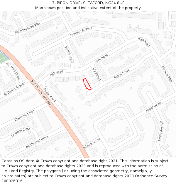 7, RIPON DRIVE, SLEAFORD, NG34 8UF: Location map and indicative extent of plot