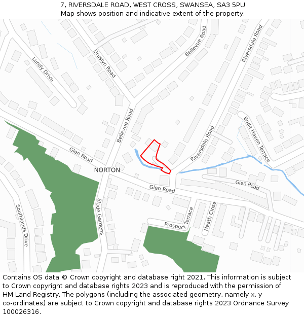 7, RIVERSDALE ROAD, WEST CROSS, SWANSEA, SA3 5PU: Location map and indicative extent of plot