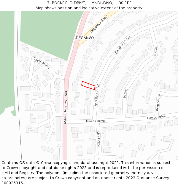 7, ROCKFIELD DRIVE, LLANDUDNO, LL30 1PF: Location map and indicative extent of plot