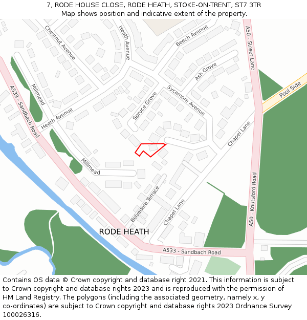 7, RODE HOUSE CLOSE, RODE HEATH, STOKE-ON-TRENT, ST7 3TR: Location map and indicative extent of plot