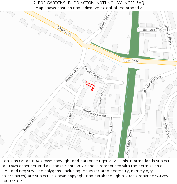 7, ROE GARDENS, RUDDINGTON, NOTTINGHAM, NG11 6AQ: Location map and indicative extent of plot