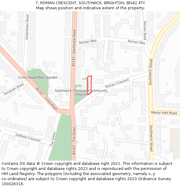 7, ROMAN CRESCENT, SOUTHWICK, BRIGHTON, BN42 4TY: Location map and indicative extent of plot