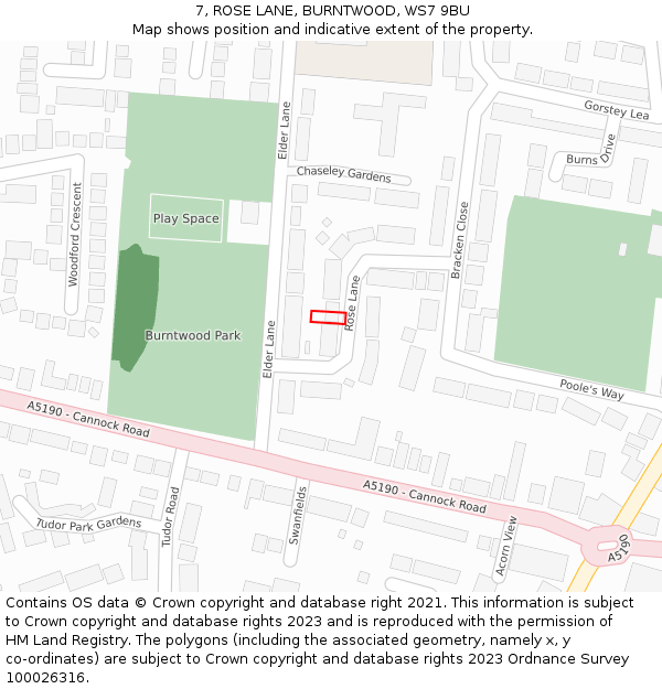 7, ROSE LANE, BURNTWOOD, WS7 9BU: Location map and indicative extent of plot