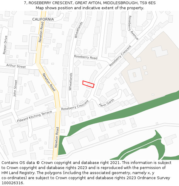 7, ROSEBERRY CRESCENT, GREAT AYTON, MIDDLESBROUGH, TS9 6ES: Location map and indicative extent of plot