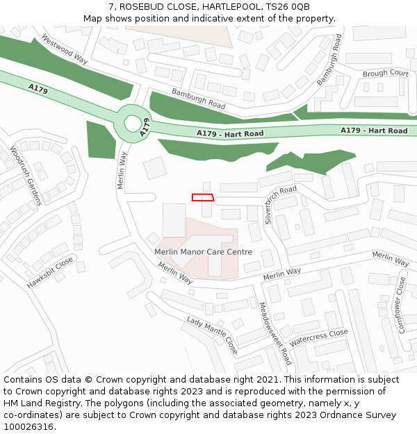 7, ROSEBUD CLOSE, HARTLEPOOL, TS26 0QB: Location map and indicative extent of plot