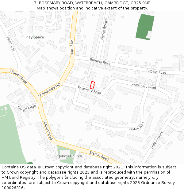 7, ROSEMARY ROAD, WATERBEACH, CAMBRIDGE, CB25 9NB: Location map and indicative extent of plot