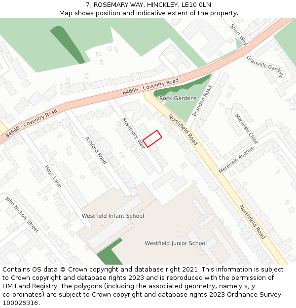 7, ROSEMARY WAY, HINCKLEY, LE10 0LN: Location map and indicative extent of plot