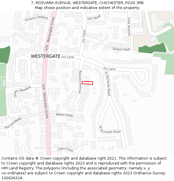 7, ROSVARA AVENUE, WESTERGATE, CHICHESTER, PO20 3RB: Location map and indicative extent of plot