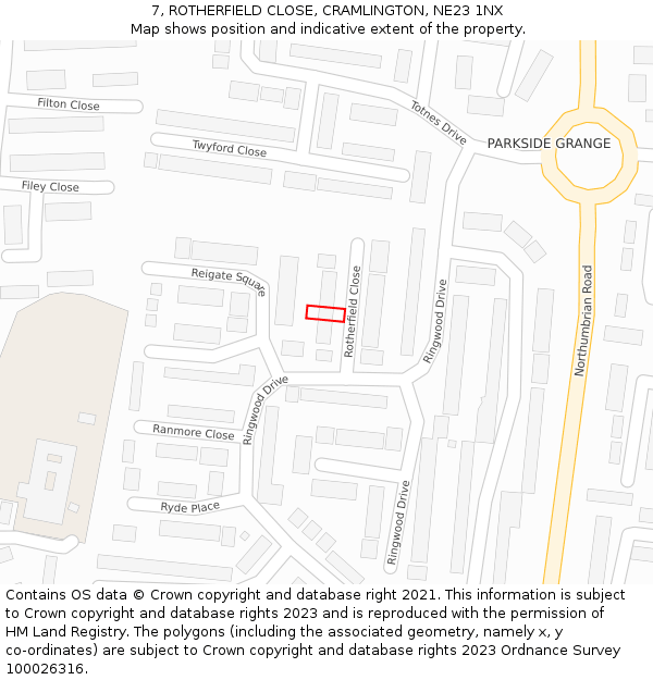 7, ROTHERFIELD CLOSE, CRAMLINGTON, NE23 1NX: Location map and indicative extent of plot