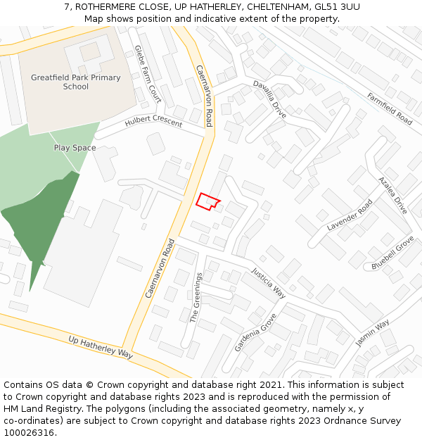 7, ROTHERMERE CLOSE, UP HATHERLEY, CHELTENHAM, GL51 3UU: Location map and indicative extent of plot
