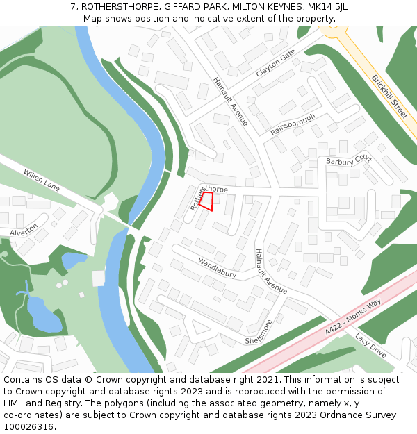 7, ROTHERSTHORPE, GIFFARD PARK, MILTON KEYNES, MK14 5JL: Location map and indicative extent of plot