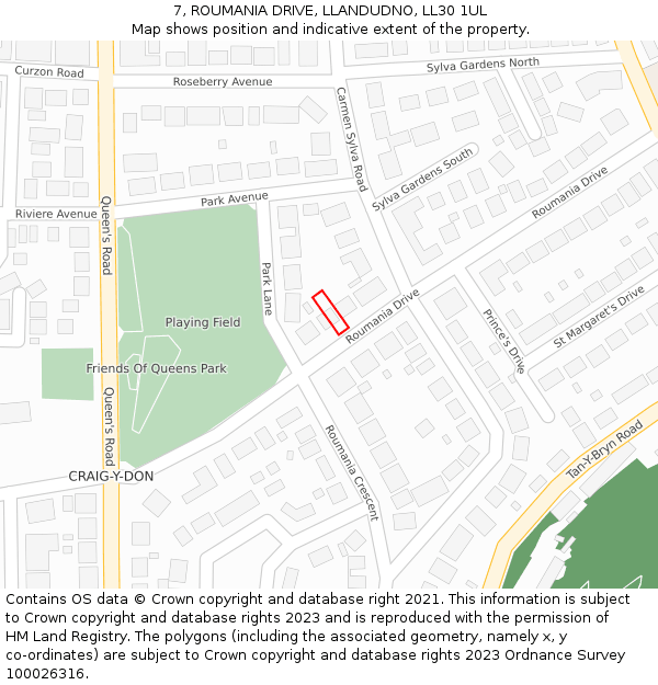 7, ROUMANIA DRIVE, LLANDUDNO, LL30 1UL: Location map and indicative extent of plot