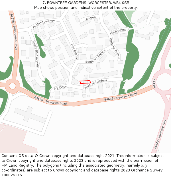 7, ROWNTREE GARDENS, WORCESTER, WR4 0SB: Location map and indicative extent of plot