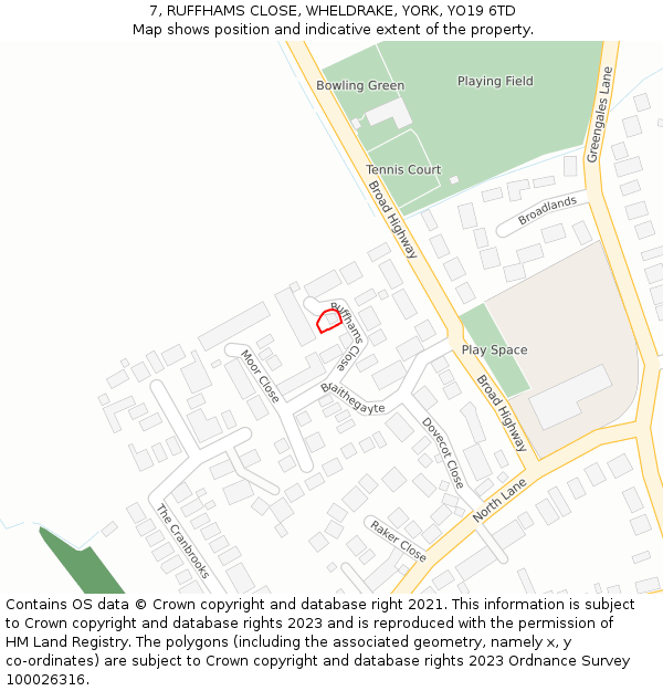 7, RUFFHAMS CLOSE, WHELDRAKE, YORK, YO19 6TD: Location map and indicative extent of plot