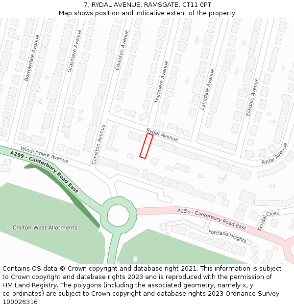 7, RYDAL AVENUE, RAMSGATE, CT11 0PT: Location map and indicative extent of plot