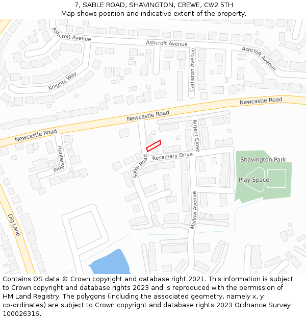7, SABLE ROAD, SHAVINGTON, CREWE, CW2 5TH: Location map and indicative extent of plot