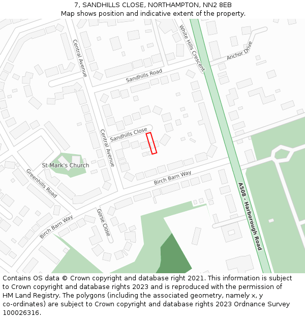 7, SANDHILLS CLOSE, NORTHAMPTON, NN2 8EB: Location map and indicative extent of plot