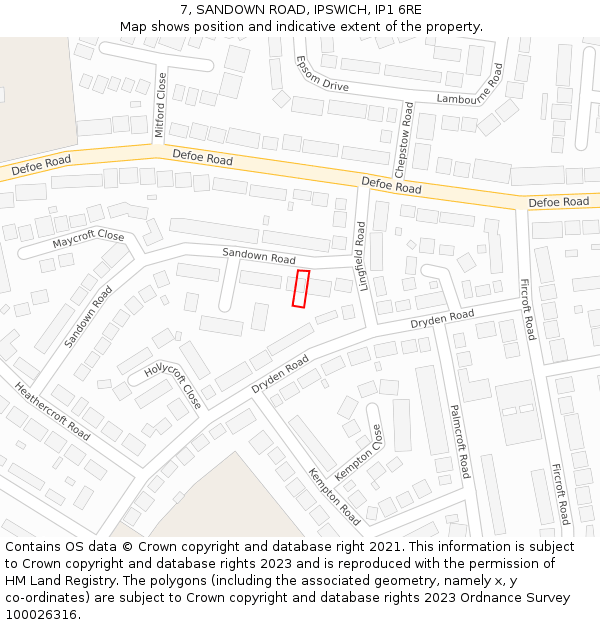 7, SANDOWN ROAD, IPSWICH, IP1 6RE: Location map and indicative extent of plot