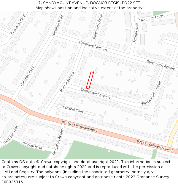 7, SANDYMOUNT AVENUE, BOGNOR REGIS, PO22 9ET: Location map and indicative extent of plot