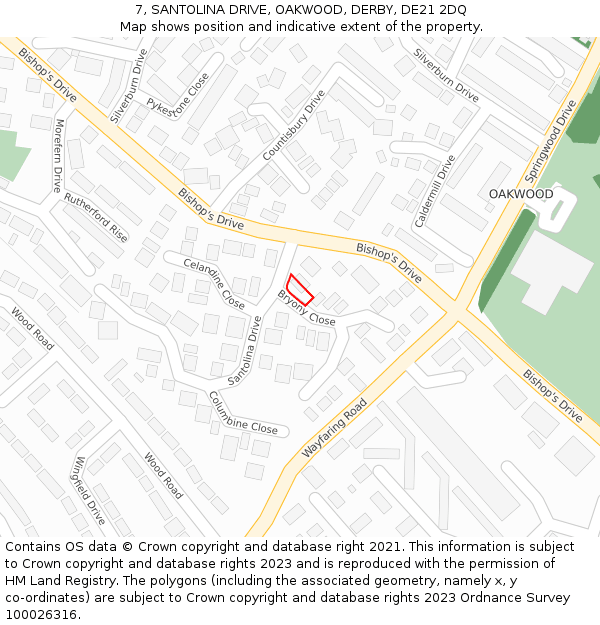 7, SANTOLINA DRIVE, OAKWOOD, DERBY, DE21 2DQ: Location map and indicative extent of plot