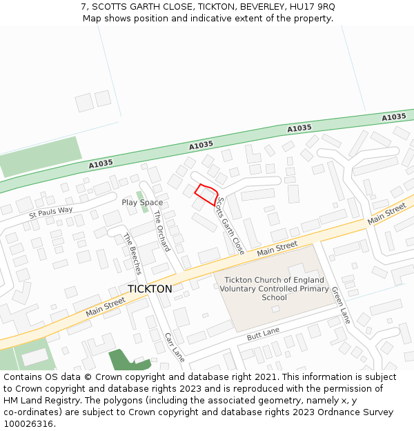 7, SCOTTS GARTH CLOSE, TICKTON, BEVERLEY, HU17 9RQ: Location map and indicative extent of plot