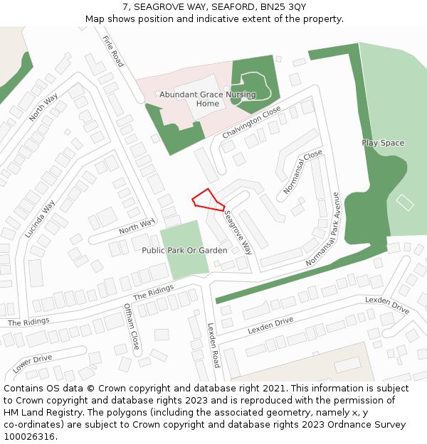 7, SEAGROVE WAY, SEAFORD, BN25 3QY: Location map and indicative extent of plot