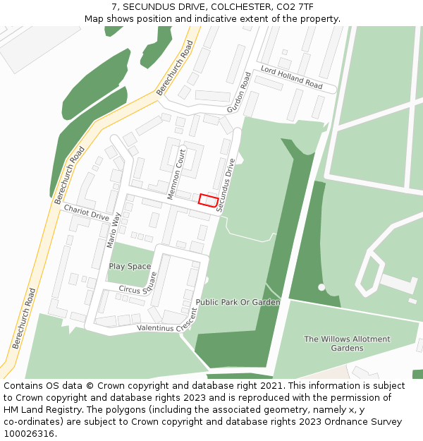 7, SECUNDUS DRIVE, COLCHESTER, CO2 7TF: Location map and indicative extent of plot