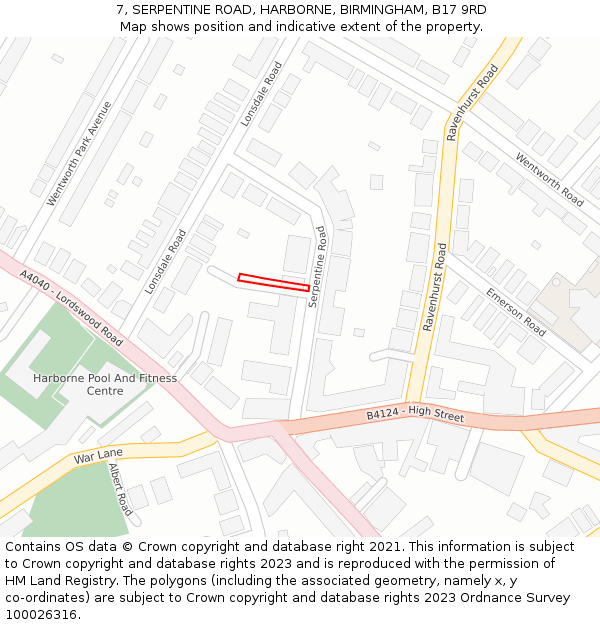 7, SERPENTINE ROAD, HARBORNE, BIRMINGHAM, B17 9RD: Location map and indicative extent of plot