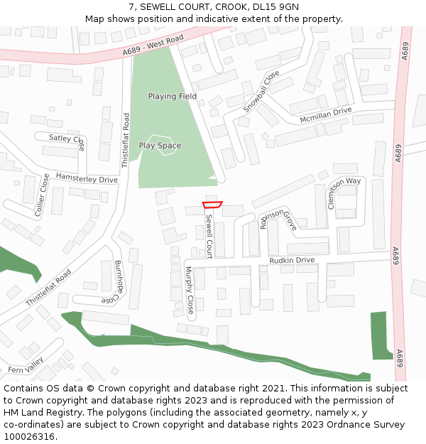 7, SEWELL COURT, CROOK, DL15 9GN: Location map and indicative extent of plot