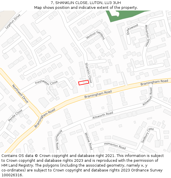 7, SHANKLIN CLOSE, LUTON, LU3 3UH: Location map and indicative extent of plot