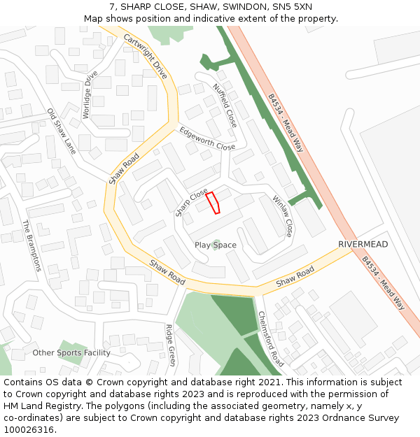 7, SHARP CLOSE, SHAW, SWINDON, SN5 5XN: Location map and indicative extent of plot