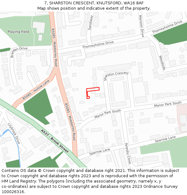 7, SHARSTON CRESCENT, KNUTSFORD, WA16 8AF: Location map and indicative extent of plot