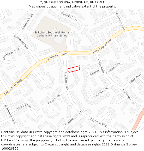 7, SHEPHERDS WAY, HORSHAM, RH12 4LT: Location map and indicative extent of plot