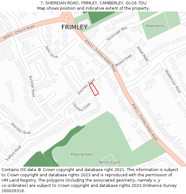 7, SHERIDAN ROAD, FRIMLEY, CAMBERLEY, GU16 7DU: Location map and indicative extent of plot