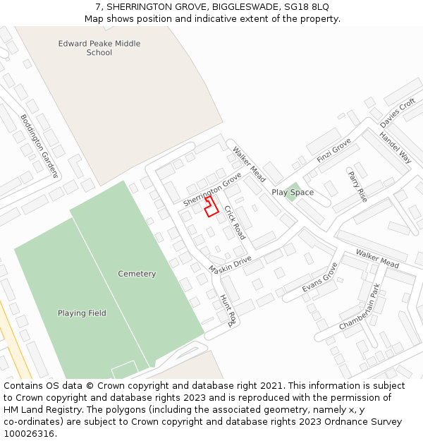 7, SHERRINGTON GROVE, BIGGLESWADE, SG18 8LQ: Location map and indicative extent of plot