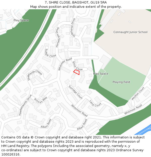 7, SHIRE CLOSE, BAGSHOT, GU19 5RA: Location map and indicative extent of plot