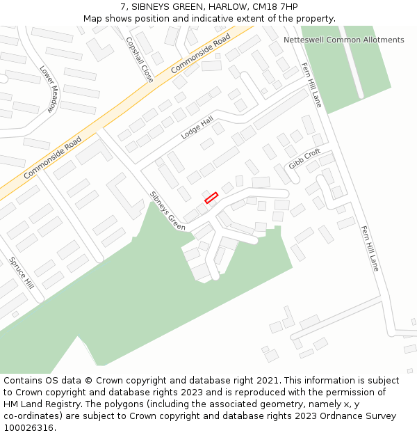 7, SIBNEYS GREEN, HARLOW, CM18 7HP: Location map and indicative extent of plot