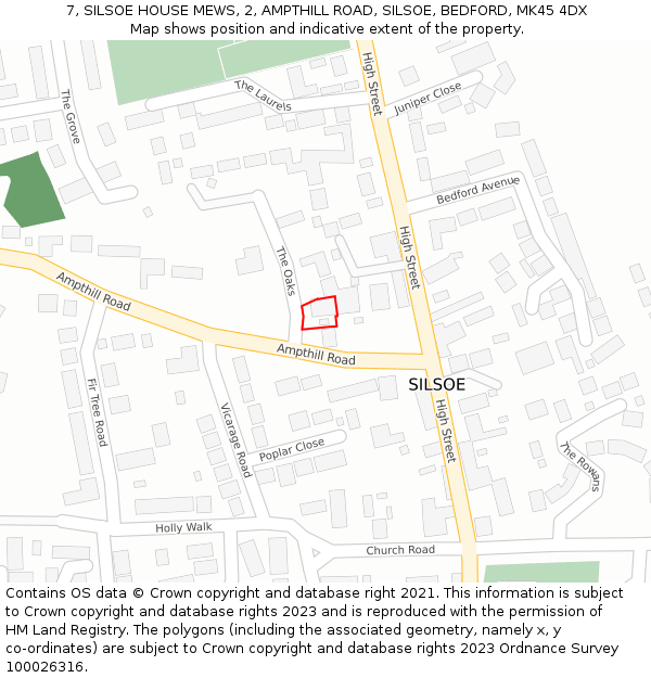 7, SILSOE HOUSE MEWS, 2, AMPTHILL ROAD, SILSOE, BEDFORD, MK45 4DX: Location map and indicative extent of plot