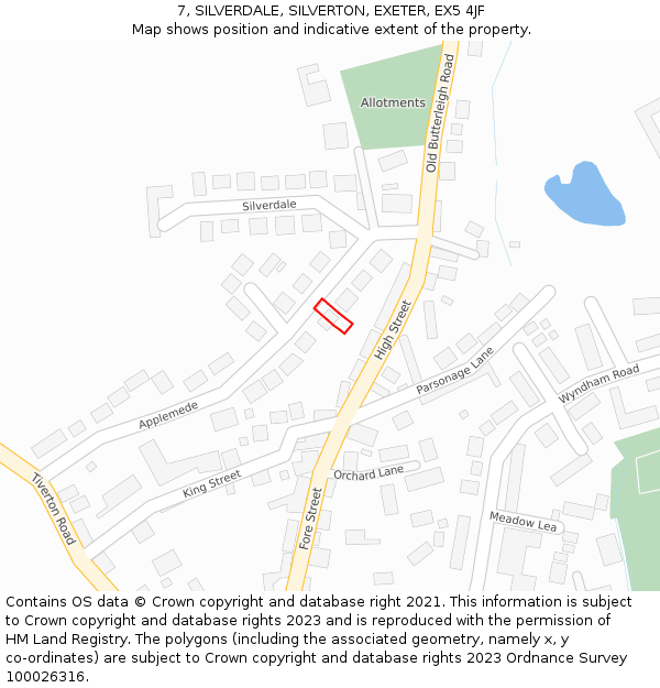 7, SILVERDALE, SILVERTON, EXETER, EX5 4JF: Location map and indicative extent of plot