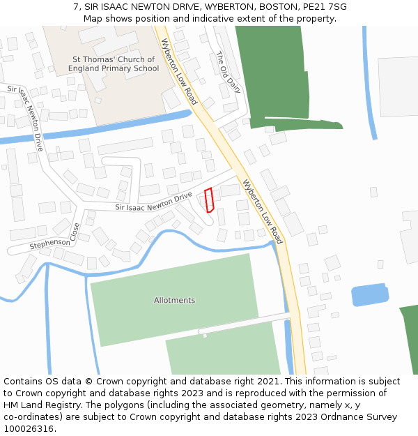 7, SIR ISAAC NEWTON DRIVE, WYBERTON, BOSTON, PE21 7SG: Location map and indicative extent of plot