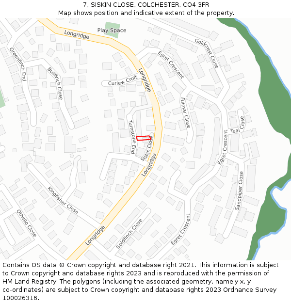 7, SISKIN CLOSE, COLCHESTER, CO4 3FR: Location map and indicative extent of plot