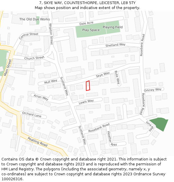 7, SKYE WAY, COUNTESTHORPE, LEICESTER, LE8 5TY: Location map and indicative extent of plot