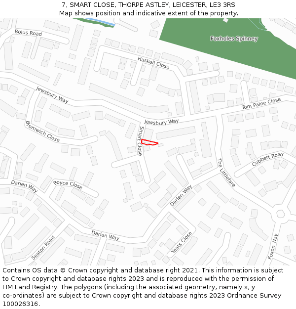 7, SMART CLOSE, THORPE ASTLEY, LEICESTER, LE3 3RS: Location map and indicative extent of plot