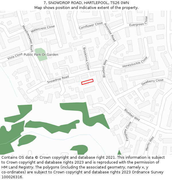 7, SNOWDROP ROAD, HARTLEPOOL, TS26 0WN: Location map and indicative extent of plot